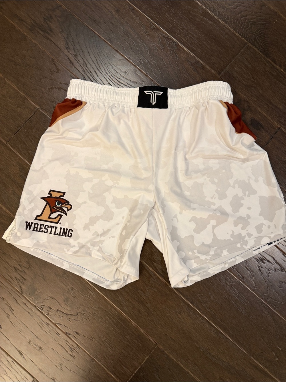 Takedown White Camo Lehigh Wrestling Shorts with Brown Accent